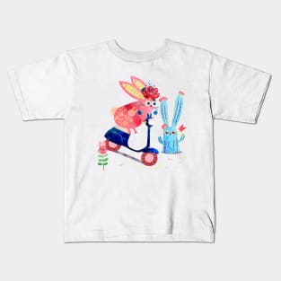 Pink Rabbit on a scooter Kids T-Shirt